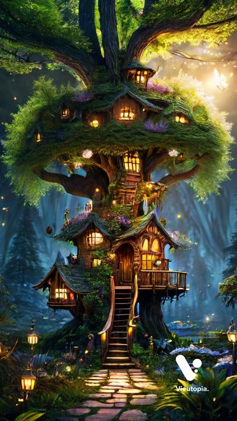 Fantasy Treehouse, Fairy House Crafts, Woodland House, Whimsical Art Paintings, Fairy Images, Island Theme, Elves And Fairies, Fantasy Forest, Fantasy Homes