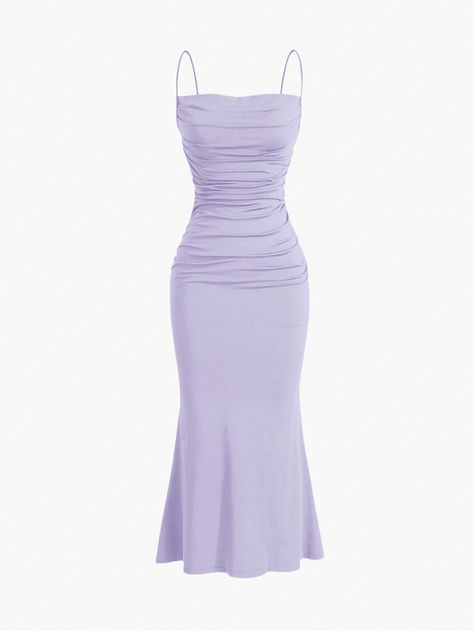 Mauve Purple Elegant Collar Sleeveless Knitted Fabric Plain Cami Embellished Medium Stretch  Women Clothing Lavender Wedding Reception Dress, Purple Slim Dress, Purple Dress Simple, Purple Dress Elegant, Cute Purple Outfits, Purple Dress Outfit, Vestido Color Lila, Dress Medium Length, Purple Clothes