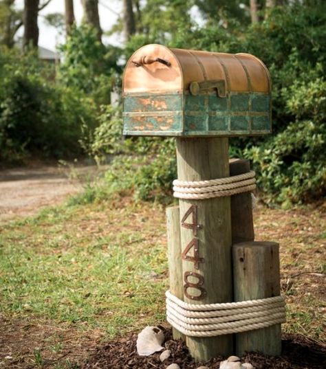 Nautical mailbox at DIY Network's Coastal Retreat in NC. Nautical Mailbox, Mailbox Makeover, Mailbox Landscaping, Diy Mailbox, Mailbox Ideas, Mailbox Design, Lake Decor, Mailbox Post, Beach Retreat