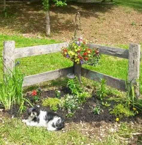 Rail fencing corner bed. Might be good to accentuate both corners of front yard property. Corner Fence, Garden Diy Decoration Ideas, Landscaping Software, Driveway Landscaping, Farmhouse Landscaping, Corner Garden, Fence Landscaping, Garden Yard Ideas, Wooden Fence