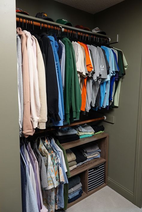 Boys closet makeover Mens Closet Ideas Small, Men’s Closet Organize, Boys Closet Ideas, How To Organize Clothes, Mens Closet Ideas, Men’s Closet, Boy Closet Organization, Couples Closet Organization, Easy Closet Makeover