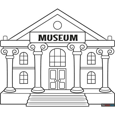 Free Museum Coloring Page for Kids Drawing In A Museum, Museum Drawing Easy, School Building Drawing Ideas, School Drawing Building Easy, Korea Coloring Pages, Library Coloring Pages, How To Drow, Community Places, Castle Coloring Page