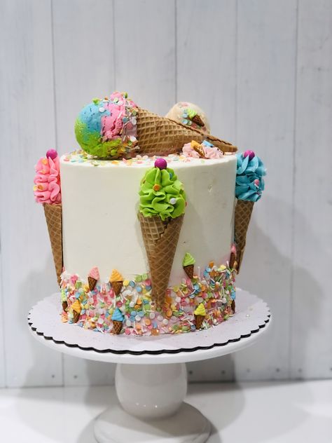 Cake With Ice Cream Cones, Ice Cream Cone Decorated Cake, I’ve Cream Cone Cake, I’ve Cream Theme Cake, Birthday Cake Models, Birthday Cake With Ice Cream Cone On Top, Crumb Coating A Cake, Colorful Birthday Cake, Lollipop Cake