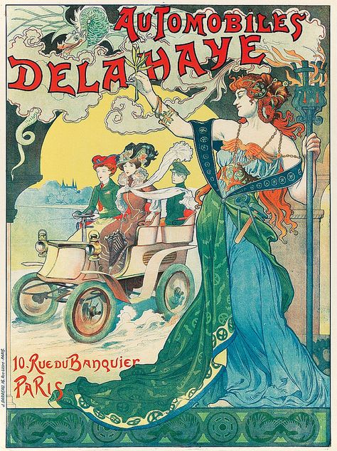 Poster advertising Delahaye automobiles, artist unkown. Printed 1898 by J. Barreau, Paris Poster Advertising, Bronze Art, Art Nouveau Poster, Vintage Advertising Posters, Vintage Blog, Deco Poster, Art Nouveau Design, Ad Art, Vintage Poster Art