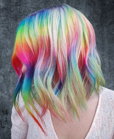 Blonde Hair With Rainbow Money Piece, Light Pink Money Piece Hair, Prism Hair, Ombre Bob Hair, Short Rainbow Hair, Bob Hair Color, Pink Ombre Hair, Split Dyed Hair, Vivid Hair Color