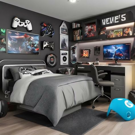 Game Themed Bedroom Boy Rooms, Gamer Room Ideas Boy Bedrooms, Gaming Room Setup For Boys, Gamer Boy Room, Small Gamer Bedroom, Boys Gaming Room, Gamer Bedroom Ideas, Gaming Bedroom Ideas, Bedroom Gamer