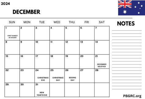 December 2024 Australia Calendar Template December Solstice, Calendar With Notes, Holidays Calendar, Holiday In Singapore, First Sunday Of Advent, Calendar With Holidays, St Nicholas Day, Create A Calendar, December Calendar