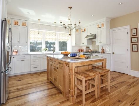 This natural hickory island is the 🌟 of this kitchen! . . . #design #capecod #whitekitchen #homedesign #timeless #brass #interiordesign #fresh #subwaytile #farmsink #architecture #builder #design #kitchen #kitchengoals #cabinets #inspo #farmhouse #quartz #hickory #newengland #modernfarmhouse #sunshine #summerhouse #april Hickory Kitchen Island, Bathroom Vanity Plans, White Wood Kitchen, A Frame Chicken Coop, White Shaker Cabinet, Hickory Kitchen, White Wood Kitchens, Natural Wood Kitchen, Classic Coastal