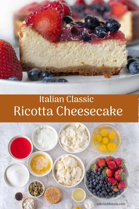 You're going to love the texture and flavors of this Classic Italian Ricotta Cheesecake with berries. It will soon become a family favorite Cheesecake With Berries, Italian Ricotta Cheesecake, Italian Cheesecake, Fair Foods, Ricotta Cheesecake, Dessert Cakes, Simple Dessert, Best Cheesecake, Tasty Healthy