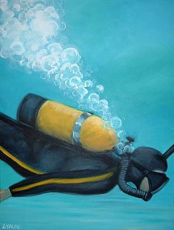 The Scuba Diver - by Lindi Levison from Paintings Oils Acrylics Art Gallery The Abyss Art, Abyss Art, Dove Drawing, Diver Art, Dove Painting, Sea Drawing, Boat Drawing, Travel Art Journal, Scuba Diving Equipment