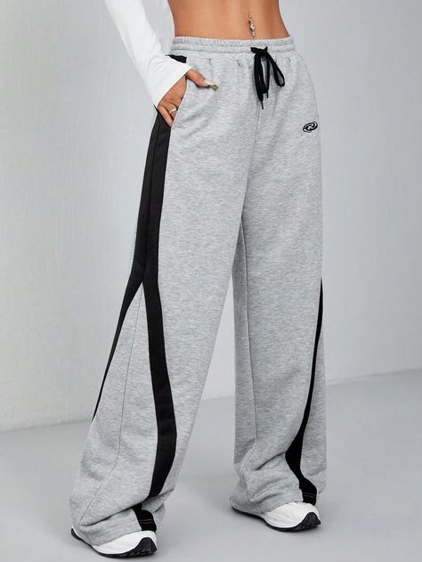 Women's Multi-Color Patchwork Sports Sweatpants Trousers Grey    Knitted Fabric Colorblock,Letter Wide Leg Medium Stretch  Women Clothing, size features are:Bust: ,Length: ,Sleeve Length: Diy Sweatpants, Women Track Pants, Sweatpants Women, Track Suits, Sports Sweatpants, Black And White Baby, Cropped Leather Jacket, Womens Sweatpants, Streetwear Fashion Women