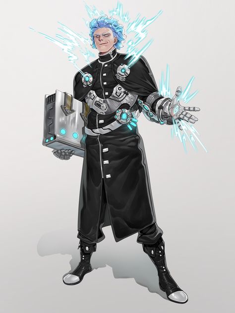 Evil Genius Character Design, Dnd Scientist, Electric Character Design, Fish Person Character Design, Mad Scientist Character Design, Mad Scientist Oc, Scientist Character Design, Evil Scientist, Sci Fi Character Art