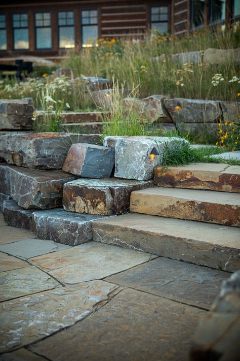 Boulders In Landscape, Boulder Steps, Stepping Stone Paths, Stone Step, Hillside Garden, Sloped Backyard, Landscaping With Boulders, Hillside Landscaping, Outdoor Paradise