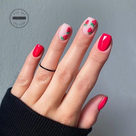 50+ Fruit Nails Perfect For A Fresh Mani! - Prada & Pearls Short Fruit Nails, Maui Nails, Summer Nails Fruit, Red Summer Nails, Fruit Nail Designs, Fruit Nails, Short Nail Manicure, Summer Nail Ideas, Easy Manicure