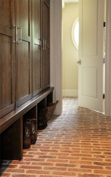 Brick Floors Mudroom, Mudroom Paint, Built In Cubbies, Brick Floors, Built In Lockers, Chicago Brick, Mudroom Cabinets, Country Laundry Rooms, Mud Room Entry