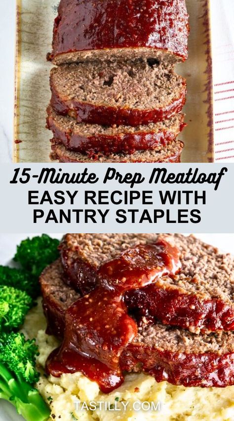 This quick and easy-to-prepare Meatloaf recipe using simple pantry staples has the best sweet, smoky, and tangy ketchup glaze ever! Minimal cleanup and prep time make it ideal for busy weeknights or advance preparation, and meatloaf is always a crowd-pleaser! Meatloaf Easy Recipe, Easy Healthy Meatloaf Recipe, Unique Meatloaf Recipes, Meatloaf Recipes Easy, Goodful Recipes, Quick Meatloaf Recipes, Meatloaf Easy, Copycat Recipes Desserts, Moist Meatloaf