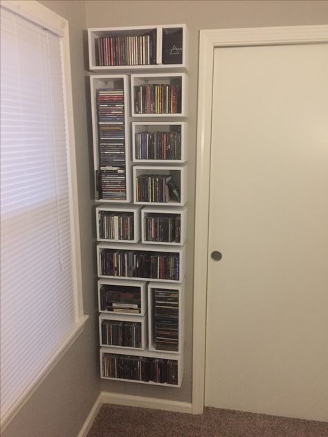 Custom box shelf CDs/DVDs Dvd Display Ideas Diy, Creative Dvd Storage Ideas, Shelves For Dvds, Dvd Storage Ideas Aesthetic, Dvd Storage Aesthetic, Movie Shelf Ideas Dvd Storage, Ways To Display Cds, Dvd Shelf Ideas, Cd Shelf Aesthetic