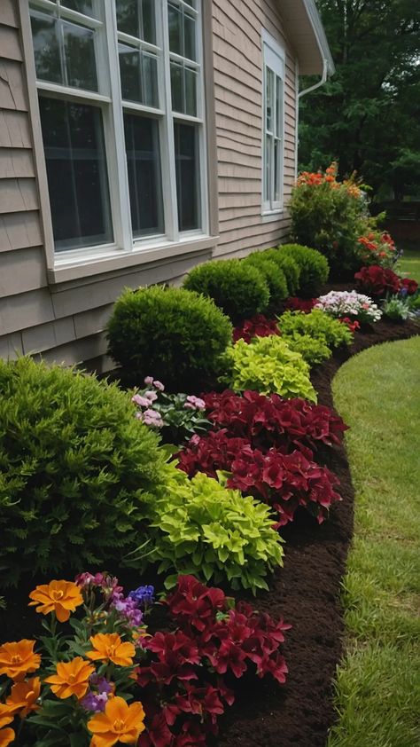 Garden Design For Front Of House, Simple Bushes In Front Of House, Small Yard Flower Beds, Low Maintenance Front Yard Landscaping Ideas Zone 5, Small Front Yard Flower Bed Ideas, Bushes In Front Of House Low Maintenance, Fall Flowerbeds Front Yards, Flower Beds In Front Of House Full Sun, Easy Flower Beds In Front Of House