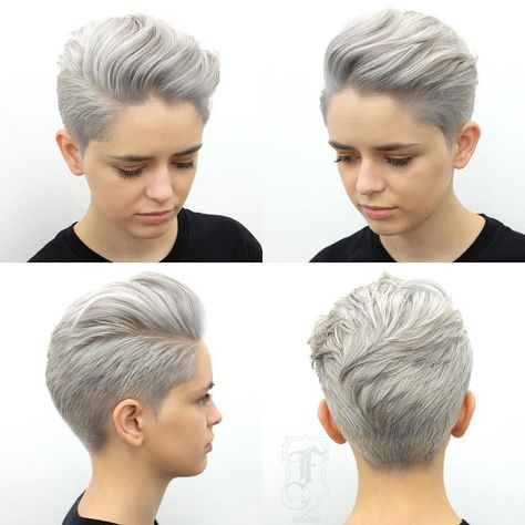 Silver Pompadour Hairstyle Choppy Pixie, Very Short Pixie Cuts, Choppy Pixie Cut, Tomboy Hairstyles, Pompadour Hairstyle, Edgy Pixie Cuts, Asymmetrical Pixie, Hair To One Side, Choppy Hair