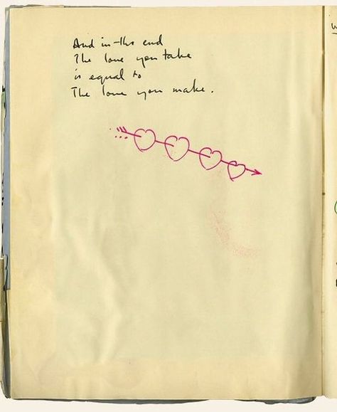 Jerry Saltz on Instagram: “Paul McCartney's Lyrics book - of the last songs the Beatles recorded. Four hearts linked by arrow. I watched Disney’s “Get Back.” It’s…” Beatles Lyrics Tattoo, Beatles Silhouette, Beatles Tattoo, Paul Mccartney Beatles, Beatles Lyrics, Lyrics Tattoo, Lyric Tattoos, Lennon And Mccartney, Beatles Art