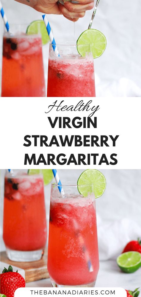 These healthy virgin strawberry margaritas are the perfect drink for summertime! Easy to make, low in sugar, and Paleo friendly, these strawberry lime margaritas will be your go to! Virgin Strawberry Margarita Recipe, Virgin Strawberry Margarita, Drinks Virgin, Virgin Drink Recipes, Margarita Monday, Virgin Margarita, Strawberry Margaritas, Strawberry Margarita Recipe, Virgin Cocktails