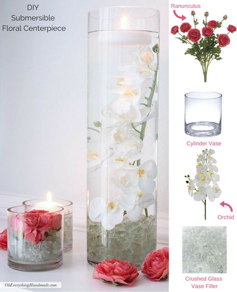 DIY Submersible Floral Centerpiece.  Cover the bottom of a clear glass vase with crushed glass vase filler.  Arrange the faux flower stems.  Add water.  Afloral.com has all of the supplies you will need to recreate this look!  Designed by Oh Everything Handmade. White Floating Candles, Vase Filler Ideas, Flowers Centerpieces, Venue Decorations, Flower Stems, Floating Flowers, Floral Centerpiece, Silk Flowers Wedding, Coral Wedding