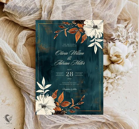 This invitation is a perfect blend of elegance and rustic charm, designed to set the tone for your special day. Featuring a luxurious dark teal background accented with copper and rust floral elements, this invitation is ideal for autumn weddings and boho-themed celebrations. TRY BEFORE YOU PURCHASE Copy the link and paste it into your browser. DEMO Link: https://www.canva.com/design/DAGHpBbf-Tc/zWe9o9QUuFtE-MLU6I_3HA/view?utm_content=DAGHpBbf-Tc&utm_campaign=designshare&utm_medium=link&utm_sour Copper Wedding Invites, Teal And Copper Wedding Invitations, Teal Autumn Wedding, August Wedding Invitations, Dark Teal And Rust Wedding, Teal And Rust Wedding, Copper And Teal Wedding, Rust Wedding Theme, Rust And Teal Wedding