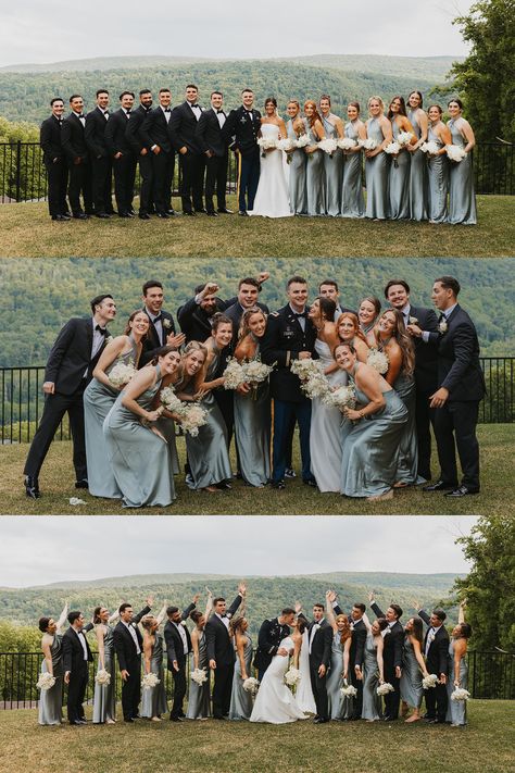 A large wedding party shot featuring the bride, groom, bridesmaids, and groomsmen. Groomsmen wearing elegant black tuxedos while bridesmaids are wearing silver green satin elegant bridesmaid dresses. Discover bridesmaid and groomsmen colors, wedding party attire, wedding party colors summer and bridesmaid and groomsmen ideas. Book Katarina for your candid wedding photos or Philadelphia wedding at katarinacelinephotography.com 9 Bridesmaids And Groomsmen, 8 Bridesmaids 8 Groomsmen, Big Bridal Party Photos Group Shots, Groomsmen Attire With Green Bridesmaids, Wedding Photos With Groomsmen, Wedding Pictures Groomsmen, Wedding Party Photo Inspiration, Wedding Party Poses Group Shots, Green And Black Wedding Party