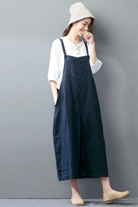 Overalls Big, Fashion Hijab Casual, Style Hijab Casual, Big Size Outfit, Loose Overalls, Big Size Fashion, Casual Hijab Outfit, Big Pocket, Linen Casual