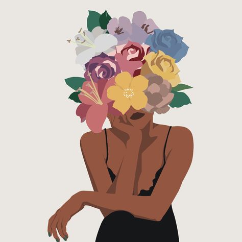 Woman With Flower Head, Head Of Flowers, Head Female, Girl Power Art, Art Amour, Woman Flower, الفن الرقمي, Black Art Painting, Illustration Art Girl