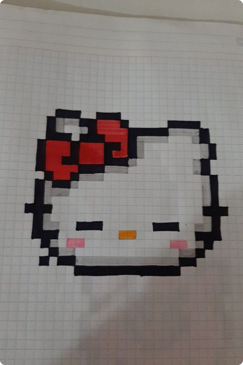 Draw With Squares, Hello Kitty Square Drawing, Drawings In Squares, Hello Kitty Pop Art, Squared Paper Art, Pixel Hello Kitty Art, Drawings On Square Paper, Pixel Easy Art, Drawing On Square Paper