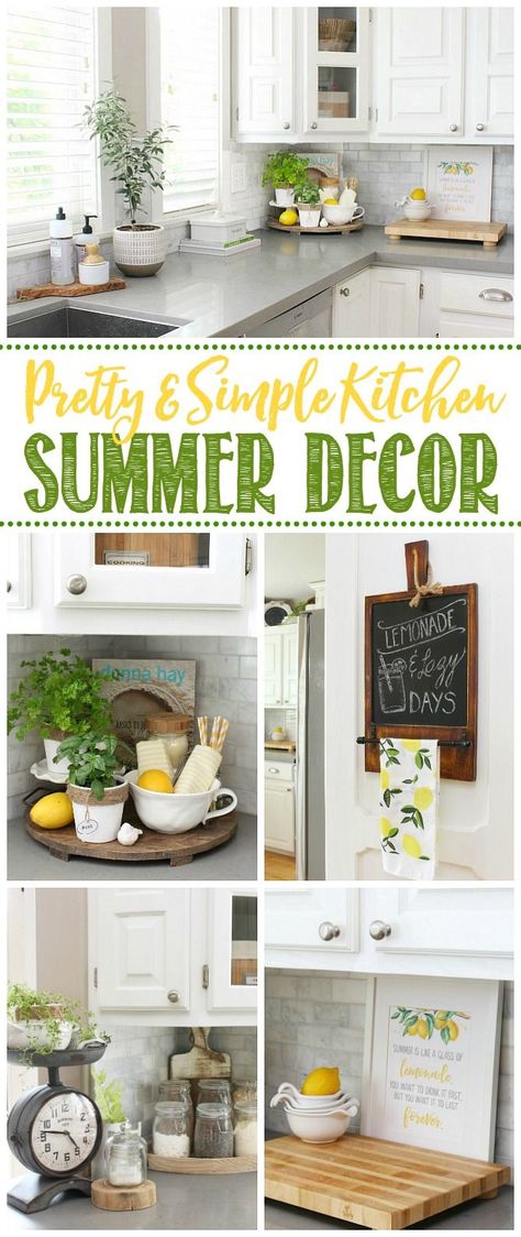 Pretty and simple summer decor tips for the kitchen. Lots of cute ideas! #summerdecor #summerdecorating #kitchendecor #farmhousestyle #summerideas Summer Decor Ideas, Lemon Kitchen, Home Beach, Geek Decor, Kitchen Decor Themes, Simple Summer, Lemon Decor, Summer Mantle Decor, Cute Ideas