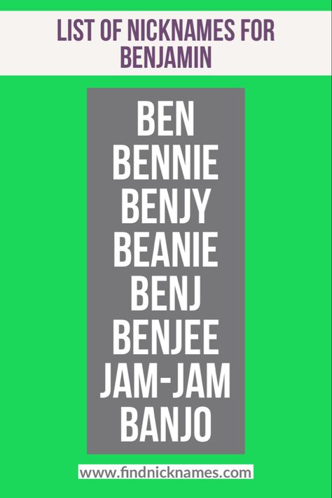 Do you need nicknames for a son, friend or boyfriend named Benjamin? Check our list of cool nicknames for Benjamin | Nicknames for Benjamin Nickname List, Cool Nicknames, Baby Nicknames, Badass Names, Funny Nicknames, Sons Of Jacob, Names For Boyfriend, Unisex Baby Names, Boyfriend Names