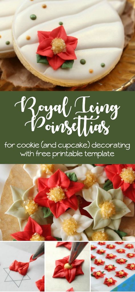 How to make royal icing poinsettias for cookie and cupcake decorating! Included a free printable template! Royal Icing Templates, Christmas Cupcakes Decoration, Ideas Cupcakes, Icing Decorations, Royal Icing Flowers, Cookie Decoration, Royal Icing Transfers, Icing Flowers, Winter Cookie