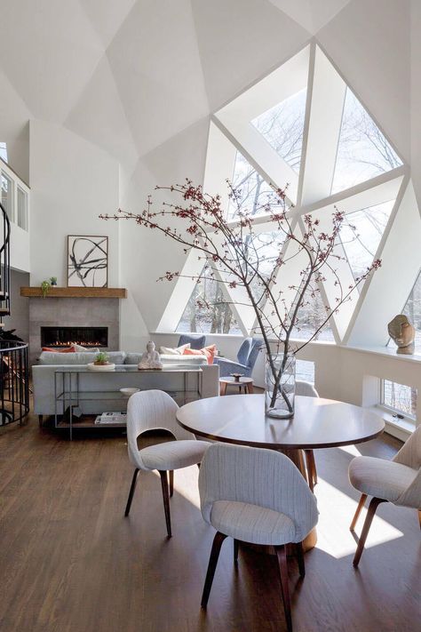 Geodesic dome gets inspiring mid-century renovation in Massachusetts #livingroom #dining #windows Dream Living Room, Geodesic Domes, Geodesic Dome Homes, Floating Mantel, Grey Bed Frame, Interior Columns, Dome Home, Dome House, Local Furniture