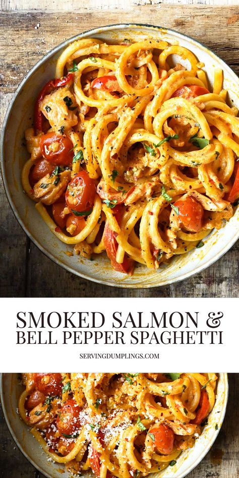 Salmon And Spaghetti, Gnocchi And Fish Recipes, Salmon And Shishito Peppers, Smoked Salmon Spaghetti, Smoked Salmon And Pasta Recipes, Smoked Salmon Pasta Healthy, Salmon Roasted Red Pepper, Salmon Spaghetti, Dinner Date Recipes