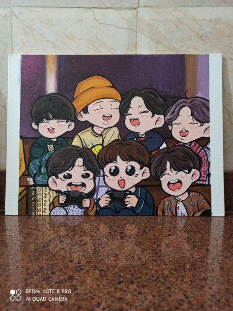 It is a handmade acrylic painting of BTS as cute cartoon characters .it is bringing and colorful painting of BTS . Smooth like butter Small Painting Ideas Mini Canvas Aesthetic, Bts Canvas Painting Ideas, Bts Cartoon Art, Bts Inspired Paintings, Canvas Drawing Ideas Creative, Acrylic Painting Cartoon Characters, Bts Painting Ideas On Canvas, Bts Cute Drawings, Bts Painting Ideas Easy