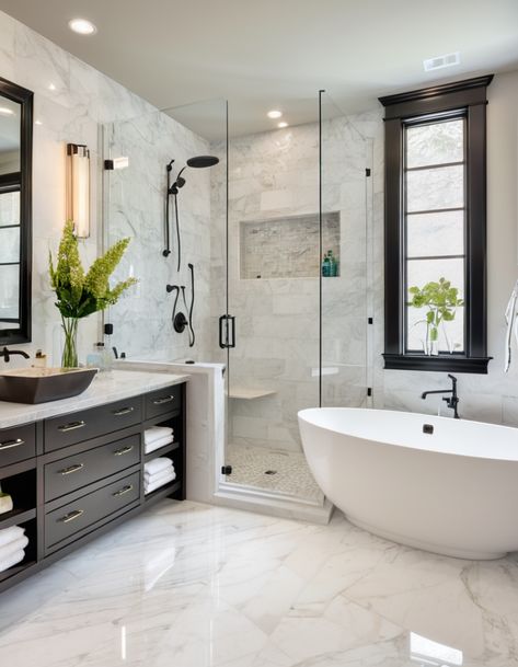 Tradition Bathroom Ideas, Floor To Ceiling Shower Tile, Bathroom Remodel With Free Standing Tub, Bathroom Remodel Shower And Tub, Guest Bathroom Shower Ideas, Master Bathrooms 2024 Trends, Main Bathroom Remodel, Bathroom Remodel White, Modern Farmhouse Bathroom Ideas