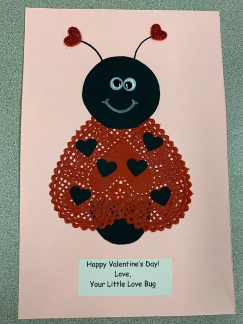 Heart Shaped Doily, Valentine Bug Crafts For Kids, Valentines Day Hats Preschool, Heart Shaped Doilies Crafts, Valentine Doily Craft For Kids, Heart Doilies Crafts For Kids, Heart Doilies Valentines Day, Valentine Dollie Crafts, Doily Valentine Crafts For Kids