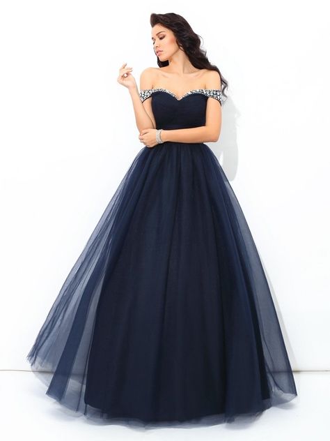 Ball Gown Off-the-Shoulder Beading Sleeveless Long Net Quinceanera Dresses Navy Blue Ball Gown, Net Gown, Navy Prom Dresses, Blue Ball Gowns, Prom Dress Plus Size, Net Dress, Marine Uniform, Prom Dresses 2019, Ball Gowns Prom