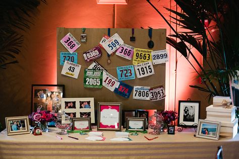 Cute idea for guest table Marathon Party, Wedding Running, Running Bibs, Pleasanton California, Table Markers, Graduation Open Houses, Guest Table, Guest Book Table, Book Table