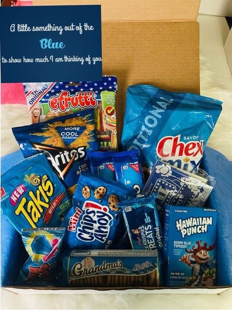 Blue Care Package, Something Out Of The Blue, Box Gifts For Him, Blue Gift Basket, Gift Basket Ideas For Boyfriend, Cookies Fruit, Blow Pop, Gummy Candies, Gift Baskets For Him