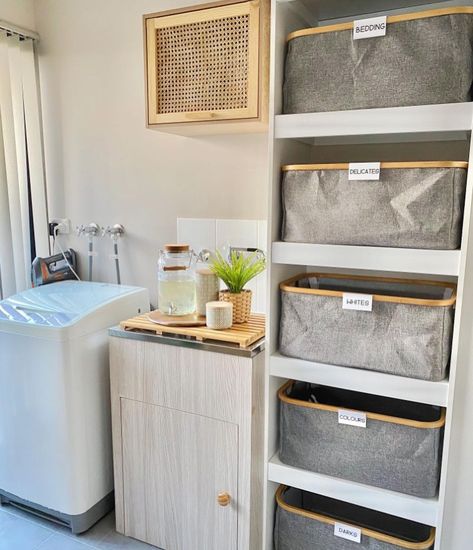 Kmart Hack Queen 👸🏼 on Instagram: “Need a little help with your laundry ? Here is another inspiration pic for you of my hamper system! This one is using the Bamboo Framed…” Laundry Containers, Laundry Storage Ideas, Sheets Storage, Laundry In Kitchen, Laundry Inspiration, Kmart Hack, Kmart Decor, Laundry Cupboard, Laundry Sheets