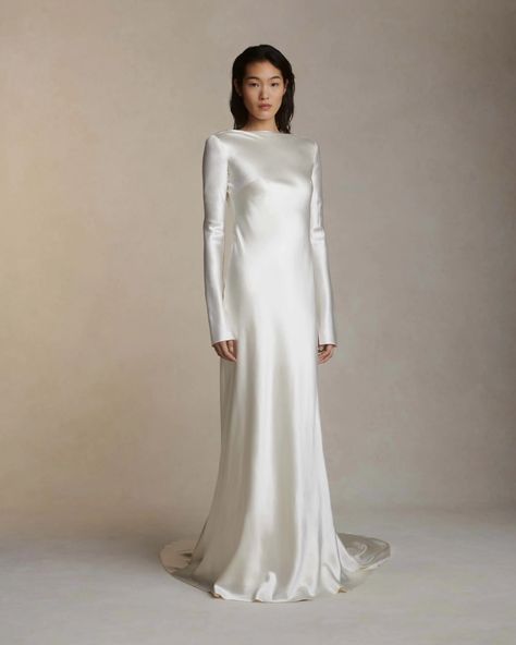 Long Sleeve Satin Wedding Dress, Long Sleeve Wedding Dress Simple, Square Neck Wedding Dress, Danielle Frankel, Silk Wedding Gown, Courthouse Wedding Dress, Long Sleeve Wedding Gowns, Satin Wedding Gown, High Neck Wedding Dress