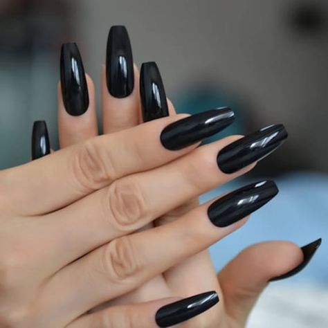 Black Extra Long Length Coffin Acrylic-Nail Tips (24 Count). Glue/Adhesive Sold Separately. ~Full Coverage ~Press Ons Long Black Nails, Nail Red, Long Coffin Nails, Black Coffin Nails, Black Acrylic Nails, Nails Matte, Coffin Press On Nails, Nails Glitter, Black Ombre