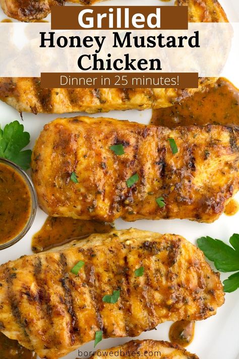 Brushed with the BEST honey mustard grilling sauce, these Grilled Honey Mustard Chicken Breasts are juicy, tender, and packed with flavor. It’s a fast and easy dinner made without a marinade in under 25 minutes! #honeymustardchicken #chickenbreastrecipes #grillingrecipes #honeymustardsauce #grillingsauce #summerrecipes #grilledchicken #chickenwithoutmarinade Honey Mustard Chicken Marinade, Honey Mustard Chicken Breast, Honey Mustard Marinade, Mustard Chicken Breast, Fast And Easy Dinner, Easy Baked Beans, Yummy Chicken, Honey Mustard Chicken, Mustard Chicken