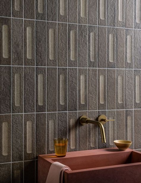 Bathroom Feature Wall Tile, Olive Decor, Grey Stone Wall, Textured Tiles, Mandarin Stone, Spa Inspired Bathroom, Matt Stone, Feature Walls, Bathroom Top