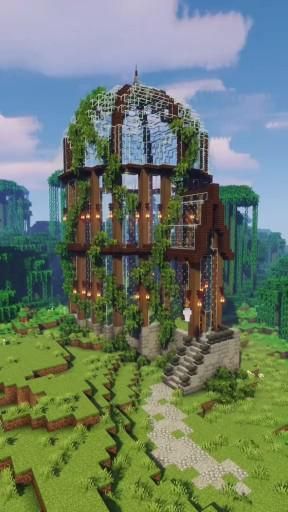 Study Tower Minecraft, Cool Minecraft Builds Big, Glass Bee Dome Minecraft, Water House Minecraft Ideas, Glass Greenhouse Minecraft, Green House In Minecraft, Frog Cage Minecraft, Sunroom Minecraft, Upgrading Minecraft Village