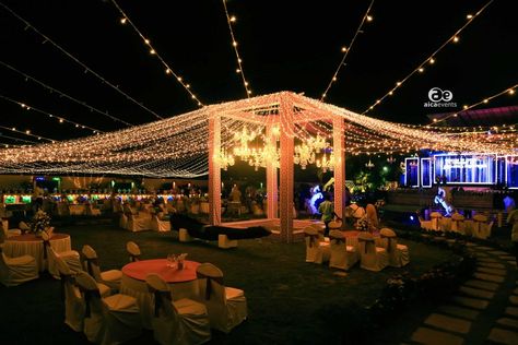 Sangeet Outdoor Decoration - Aica Events Evening Sangeet Decor, Mehandi Sangeet Decoration, Mandap Designs Outdoor Night, Sangeet Sandhya Decoration, Sangeet Theme Ideas Outdoor, Outdoor Indian Wedding Decor Night, Outdoor Sangeet Decor Ideas, Sangeeth Decors Outdoor, Outdoor Sangeet Decor Night