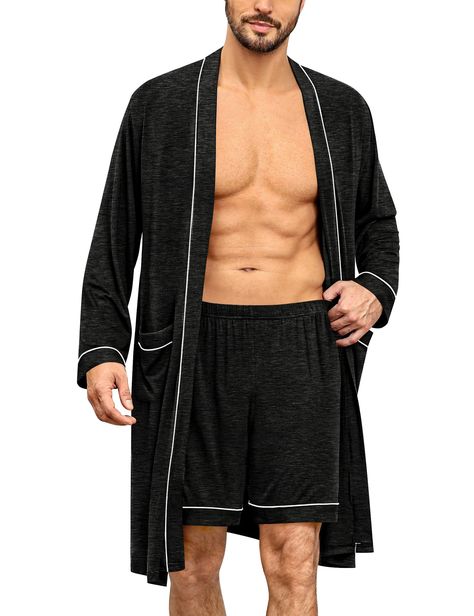 PRICES MAY VARY. 【Ultra Soft Modal Material】SWOMOG Men's Bathrobe Set is made of modal fabric(95% Rayon & 5% Spandex). This modal mens pajama set is breathable, with soft, skin-friendly, and comfortable. It can provide you with a high-quality sleep experience and leisure time. 【Mens Komono Bathrobe】The classic men's long-sleeved robe features a shawl collar and contrasting piping. The knee-length robe also has an adjustable/detachable belt for easy dressing and undressing. Two pockets are ideal Mens Lounge Wear, Soft Pjs, Mens Pajama, Pjs Set, Bathrobe Men, Classic Shorts, Long Sleeve Kimono, Lounge Robes, Quality Sleep